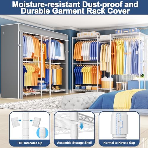 Ulif E12C Pro Heavy Duty Closet Organizer System，Freestanding Clothing Racks for Hanging Clothes，Adjustable Garment Rack 71"W x 16"D x 76.5"H Hold 960lbs，White Clothing Rack with Grey Dustproof Cover - Image 4