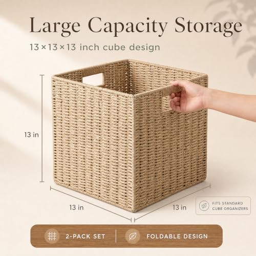 13x13x13 Inch Wicker Storage Basket Set of 2, FAAYUCK Handwoven Storage Cube Bins with Handle for Shelves, Foldable Wicker Organizer Basket for Bedroom, Laundry, Livingroom - Image 2