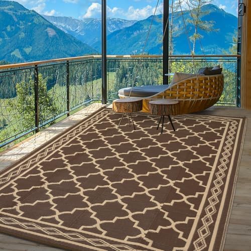 Waterproof 9'x 12' Outdoor Rug for Patio,Reversible Outdoor Plastic Straw Rugs for Camping Porch RV, UV-Resistant Area Rug Mat for Camper,Outside Rug for RV Deck Picnic Beach Balcony,Brown/Coffee - Image 3