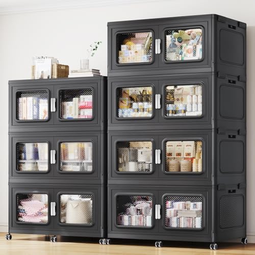 BROVIEW 385Gal Storage Bins, 1540Qt Extra Large Stackable Storage Box with Lids & Wheels - Heavy Duty Collapsible Plastic Cabinets, Open Front Door for Sundries in Home & Office, Black 7 Pack by BROVIEW-EnjoytheArtofLife