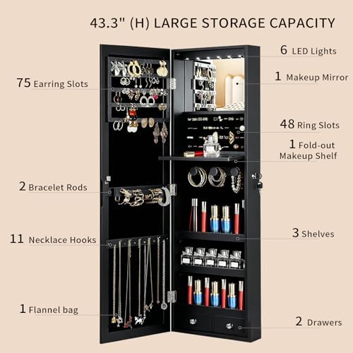 6 LEDs Mirror Jewelry Cabinet, Over the Door Jewelry Organizer with Full Length Mirror, Wall Mounted or Door Hanging Jewelry Box with Storage - Image 5