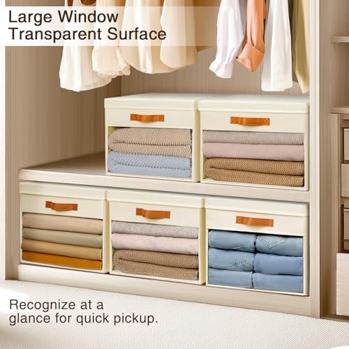 Homsorout Large Storage Bins with Lids - 6 Pack Foldable Decorative Organizers with Clear Windows & Handles, Cube Storage Organizers for Clothes, Blankets, Sweaters, CD, Beige - Image 7
