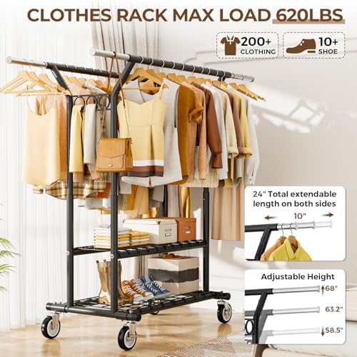 HYSEYY Heavy Duty Clothes Rack, Rolling Clothing Rack With Shelves Load 620 LBS, Double Rod Clothing Racks for Hanging Clothes, Portable& Adjustable Clothes Rack with Wheels,Black - Image 2