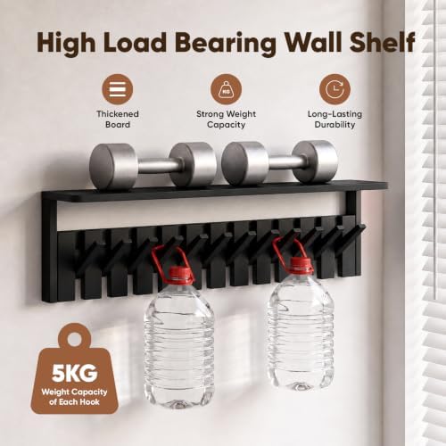 Wall Mounted Coat Rack with Shelf, 12 Flip-Down Hooks, Black - Image 4