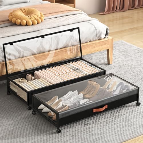 Under Bed Storage Containers with Wheels Large Underbed Shoes Blankets Clothes Toy Storage Drawers for College Dorms Bedrooms Nursery Rooms Organization (Black 2 Pack, 7.5in height(36"x16.6"x7.48")) by Unknown