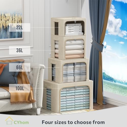 CYhom 4 Pack Clothes Storage Bins with Metal Frame - Linen Fabric Foldable Stackable Container Organizer Set with Clear Window & Carry Handles & Zippers (Beige, 23.6"x16.5"x15.7") - Image 4