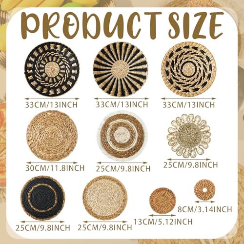 11 Pcs Boho Hanging Wall Basket Decor Handmade Woven Basket Wall Decorative Boho Wicker Baskets Placemats Round Farmhouse Bulrush Art for Rustic Home Decorations Christmas Gift(Assorted) - Image 3