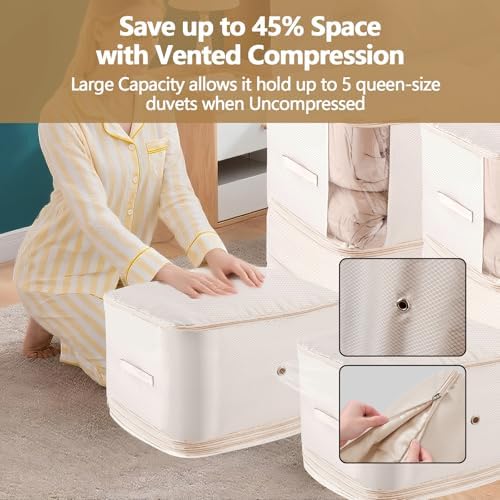 4 Pack Space Saving Comforter Storage Bag with Handle, 3-Layer Compression Blanket Storage Bags Adjustable In 3 Sizes (142L, 107L, 71L), Washable Bedding Organizer For Pillow Duvet Clothing Plush Toy - Image 2