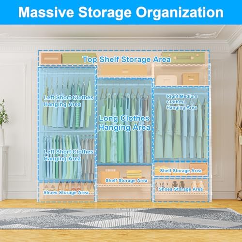 Ulif E13 Heavy Duty Clothes Rack（With 4 Hanger Rods & 8 Shelves） Freestanding Clothing Racks for Hanging Clothes，Adjustable Closet Organizer，Metal Garment Rack 63" W x16 D x77 H，Max Load 900LBS，White - Image 3