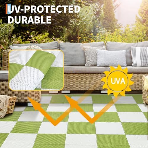 GarveeHome Large Outdoor Rug 9 x 18 Waterproof Modern Checkboard Plastic Straw Rug, Foldable Reversible Camping Mat, UV-Resistant Geometric Plaid Woven Carpet for Picnic, Deck, Green White - Image 5