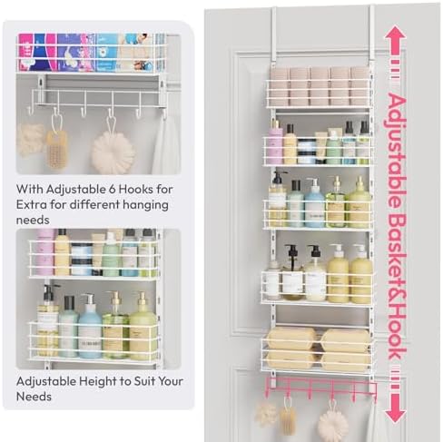 SWTYMIKI Over The Door Organizer - Door Organizer Hanging with 5 Adjustable Metal Large Capacity Basket and 6 Coat Hook, Wall Mounted Shelf for Bedroom Closet Bathroom Laundry Pantry Cabinet Kitchen - Image 5