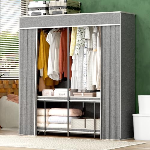 Umeiga Heavy Duty Portable Closet with Cover 1200Ibs Foldable Covered Clothes Rack for Hanging Armoire Wardrobe Closet System Freestanding Coat Storage Garment Racks (150cm/59in Gray) by Umeiga