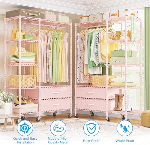 Ulif F3R Heavy Duty Clothes Rack（With Lockable Wheels）Freestanding Clothing Racks for Hanging Clothes，Adjustable Closet Organizer System，Portable Garment Rack 40"W x 15"D x 74"H，Max Load 700LBS，Pink - Image 4