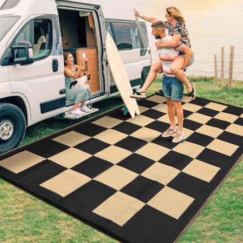 GarveeHome Large Outdoor Rug 9 x 18 Waterproof Modern Checkboard Plastic Straw Rug, Foldable Reversible Camping Mat, UV-Resistant Geometric Plaid Woven Carpet for Picnic, Deck, Black Brown by GarveeHome