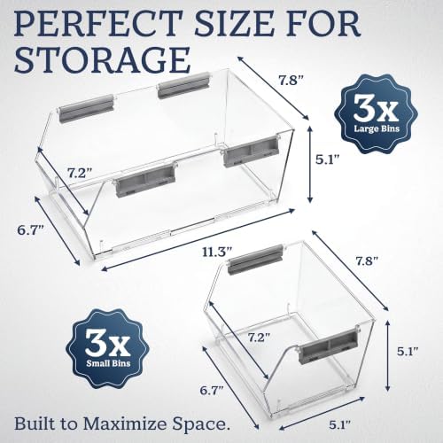 HOMESTEAD Set of 6 Stackable Storage Bins, 3 Large + 3 Small Clear Plastic Organizer Bins, Open Front Design for Kitchen Pantry, Fridge, Cabinet, Bathroom Organization and Snack Storage - Image 3