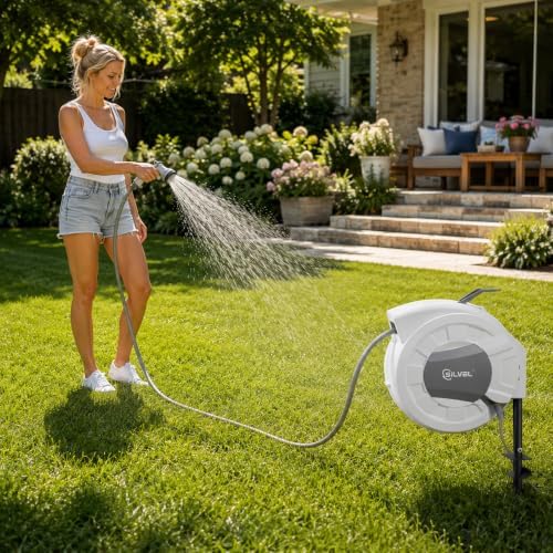 SILVEL Automatic Retractable Garden Hose Reel on Metal Spike, 5/8 in x 65ft Ground Mounted Outside, UV Resistant with 10 Pattern Nozzle, 360° Swivel, No Holes in Your House, Easy Installation - Image 2