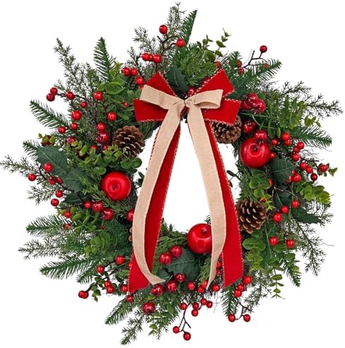 24 Inch Outdoor Christmas Wreath with Red Bow & Storage Bag – Red Berry, Apple & Pine Winter Wreaths for Front Door – Perfect Easy Storage for Year-Round Use by Unknown