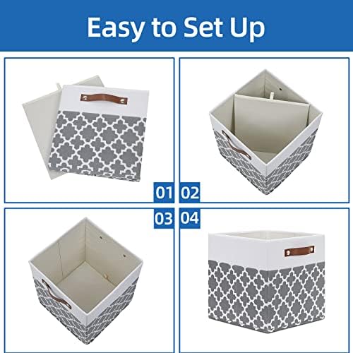 Temary 12x12x12 Fabric Storage Bins 4 Pack with Leather Handle, Foldable Cubes Storage Box Baskets for Closet, Shelf (White&Lattice) - Image 7