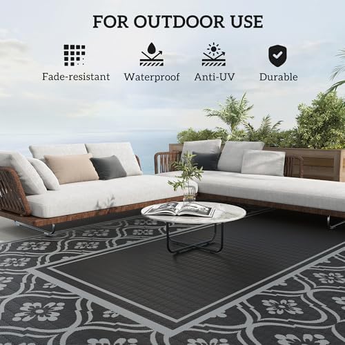 Outsunny Outdoor Rug for Patio Waterproof 9' x 18' Black & Gray Gourd - Image 6