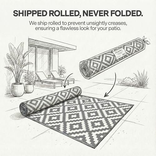 FH Home Outdoor Rug - Waterproof, Fade Resistant, Reversible - Premium Recycled Plastic - Geometric - Patio, Porch, Deck, Balcony - Aztec - Gray & White Crease Free - 5 x 8 ft - Image 3