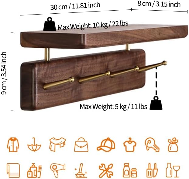 Solid Wood Shelf with Hooks, 12 inch Coat Rack Wall Mount, Shelves with 4 Brass Hooks for Hanging in Entryway, Living Room, Bathroom, Bedroom, Kitchen(Walnut) - Image 6