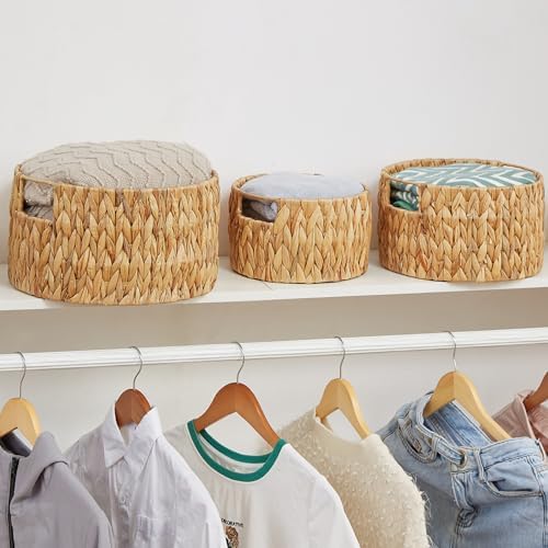 Vagusicc Wicker Storage Basket, Hand-Woven Water Hyacinth Large Round Woven Basket With Handles, Wicker Baskets for Organizing/Storage, 3-Pack - Image 4
