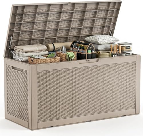 170 Gallon Resin Deck Box, Lockable Waterproof UV‑Resistant Outdoor Storage Outside Bench for Patio Porch, Pool Floats, Garden Tools & Cushions, Grey by MAIUSCOLI
