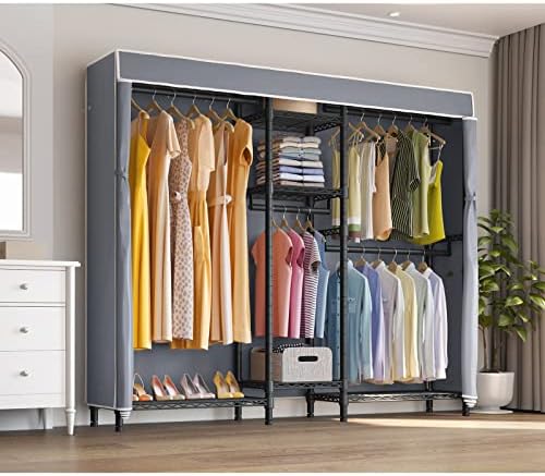 VIPEK Classic V6C Heavy Duty Covered Clothes Rack Portable Wardrobe Closet, 5 Tiers Wire Garment Rack Black Metal Clothing Rack with Grey Oxford Cover, 70.1" L x 17.3" W x 76.4" H, Max Load 870 LBS - Image 2