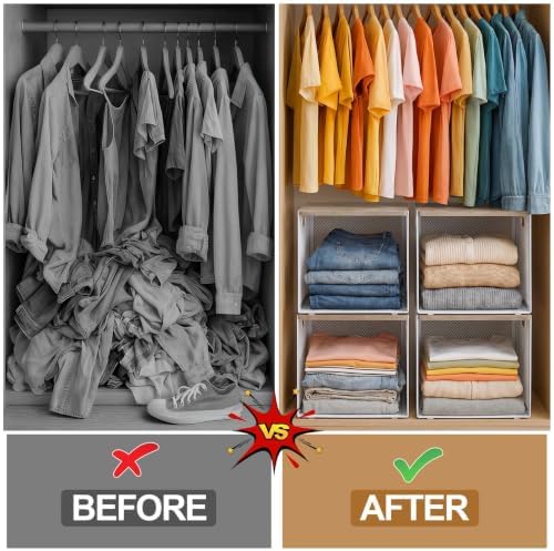 AceOrbit 3 Pcs Widened Stackable Closet Organizers and Storage with Wood Foldable Top Metal Cube Closet Shelf DIY Space Saving Linen Clothes Shoe Bed Sheet Bin for Wardrobe Bedroom(12"x12"x12", Light) - Image 4