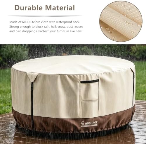 72 Inch Round Patio Table Cover, 600D Heavy Duty Waterproof Outdoor Furniture Cover — Fits Round Patio Table for Patio Furniture 72"Dia x 28"H, All Weather Protection, Beige - Image 4
