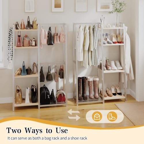 HavenlyYouth Purse Storage Organizer for Closet, 4-Tier Iron Wood Purse Rack, 8 Purse Hooks & 2 Side Hooks for Bag Organizer, Large Capacity Handbag Storage Rack for Home, Living Room, Silver - Image 6