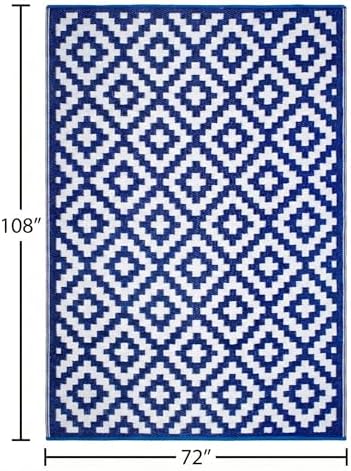 FH Home Outdoor Rug - Waterproof, Fade Resistant, Reversible - Premium Recycled Plastic - Geometric - Large Patio, Deck, Sunroom, Camping, RV - Aztec - Blue & White Crease Free - 6 x 9 ft - Image 2