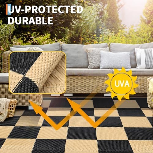 GarveeHome Large Outdoor Rug 9 x 18 Waterproof Modern Checkboard Plastic Straw Rug, Foldable Reversible Camping Mat, UV-Resistant Geometric Plaid Woven Carpet for Picnic, Deck, Black Brown - Image 5