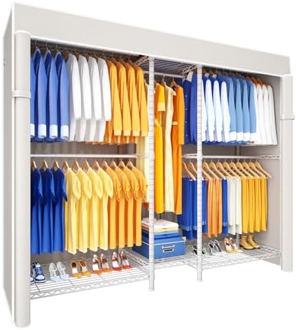 Ulif E12C Pro Heavy Duty Closet Organizer System，Freestanding Clothing Racks for Hanging Clothes，Adjustable Garment Rack 71"W x 16"D x 76.5"H Hold 960lbs，White Clothing Rack with White Dustproof Cover by Ulif