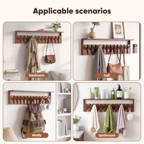 Wall Mounted Coat Rack with Shelf, 12 Flip-Down Hooks, Walnut - Image 5