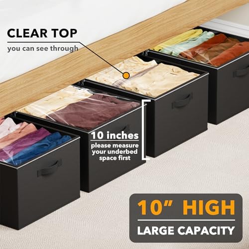 SpaceAid 4 Pack 10" High Under Bed Storage Containers, Large Underbed Storage Organizer Bins with Lids for Bedroom, Dorm, Clothes, Closet Organization, Bed Sheets and Blankets (Black) - Image 2