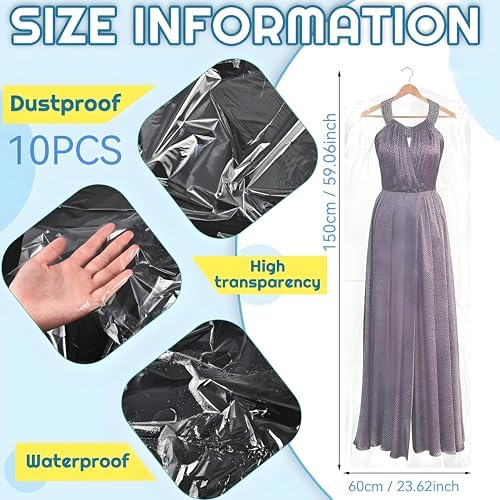 10 Pcs Long Plastic Clothes Covers, 60 * 150cm Clear Clothes Bags Hanging,Dress Bag,Garment Bags Dress Bags Covers Long,Dust-proof Garment Protector Covers for Clothes Shirt Suit Jacket Suit Sweater - Image 2