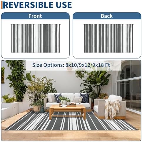 Garvee Geometric Lines 9x12 Outdoor Rug Striped Grey Plastic Straw Rugs - Image 4