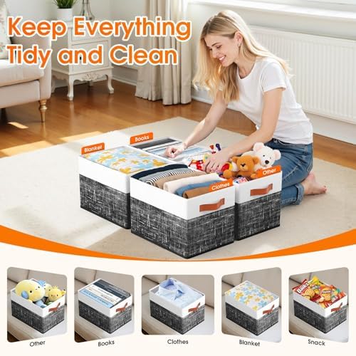 Fab totes Collapsible Storage Baskets for Shelves,14"x10", 8 Pack Foldable Fabric Storage Bins with Double Leather Handles, Large Baskets for Organizing Books, Clothes, White & Black - Image 3