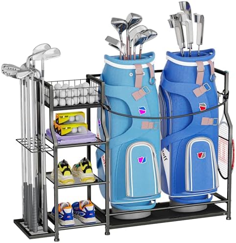 Golf Bag Storage Organizer for Golf Accessories, Golf Bag Stand with Extra Storage Rack for Golf Clubs & Golf Essentials, Golf Bag Holder for Garage Organization Fits 2 Bags, Metal & Wood Construction by Unknown