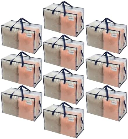 VENO 10 Pack Clear Extra Large Moving Bags & Storage Totes, Heavy Duty Organizer with Reinforced Handles & Strong Zippers for Clothes, College Dorm Essentials, Moving Supplies by Veno
