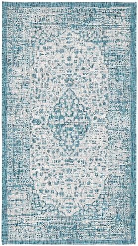 SAFAVIEH Washable Rug Outdoor Courtyard Collection - 4' x 5'7", Teal & Cream, Non-Shedding & Easy Cleaning, Ideal for Patio, Backyard, Mudroom (CY8720-372) - Image 2