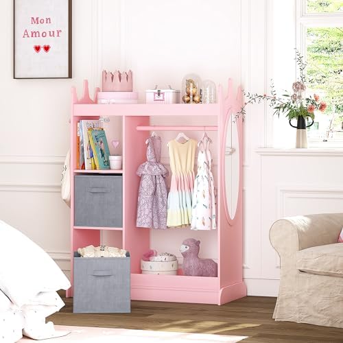 UTEX Kids Armoire Wardrobe Closet with Mirror and Storage Bin, Pink, 33.4 in W x 15.75 in D x 44.5 in H - Image 2