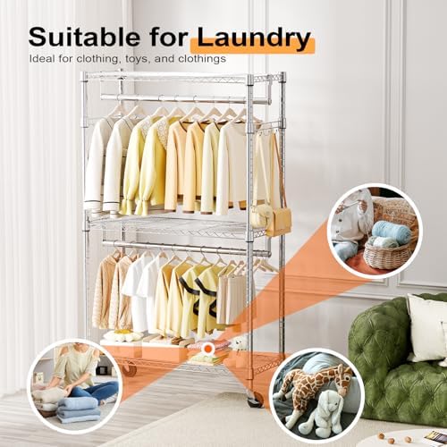 M MZG Heavy Duty Rolling Garment Rack 3 Tiers Adjustable Wire Shelving Clothes Rack with 2 Rods and Side Hooks,Storage Closet Clothing Rack with Wheels Chrome 15.7" D x 29.5" W x 74.5" H - Image 5