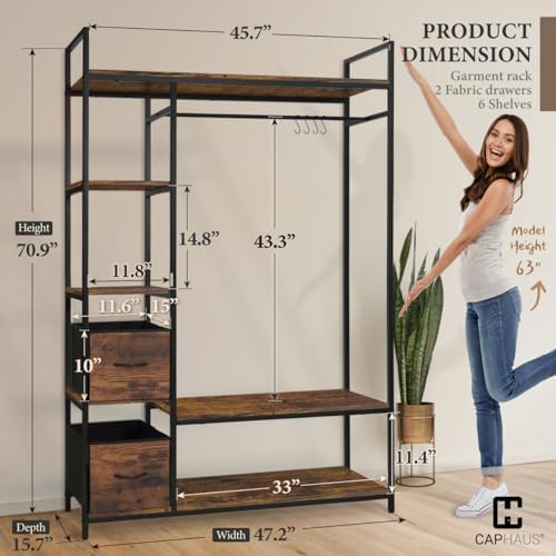 CAPHAUS 979lbs Capacity Garment Rack for Hanging Clothes, Heavy Duty Open Wardrobe w/Hanging Rods & Fabric Drawers, Free Standing Closet Organizer, Metal Closet Rack w/Rustic Oak Wooden Shelves - Image 2