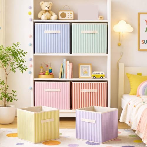 Amyhill 6 Pack Mixed Colors Striped Basics Collapsible Fabric Storage Bins - Image 5