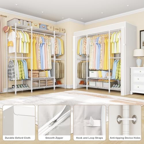 ULIFHOME E3C White Clothes Rack with Beige Cover, Heavy Duty Garment Rack - Image 4