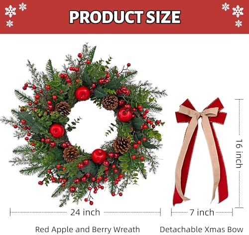 24 Inch Outdoor Christmas Wreath with Red Bow & Storage Bag – Red Berry, Apple & Pine Winter Wreaths for Front Door – Perfect Easy Storage for Year-Round Use - Image 5