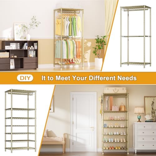 Ulif E13 Heavy Duty Clothes Rack（With 4 Hanger Rods & 8 Shelves） Freestanding Clothing Racks for Hanging Clothes，Adjustable Closet Organizer，Metal Garment Rack 63" W x16 D x77 H，Max Load 900LBS，Gold - Image 5