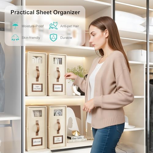 6 Pack Foldable Bed Sheets Set Organizers and Storage(Cal King Size),Linen Fabric Closet Organizers with Window,Folding Bedding Storage Box for Bedsheets and Pillow Cube Organizer-Beige - Image 4
